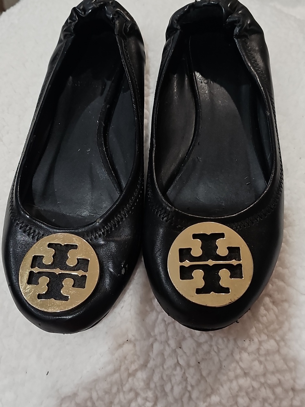 Tory Burch Black Leather Logo Round-Toe Ballet Flats with Gold Emblems